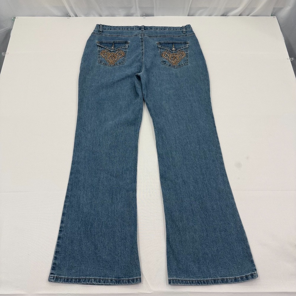 COS‎ High Rise Flare Jeans Rhinestone 34x30 Womens 14 Embellished Flap Pocket
